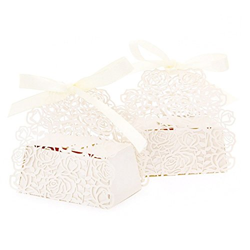 lavinaya 50 pro Packung Roses Blumen Hochzeit Candy Box Chocolate Candy Halterungen Bonbonniere Partyzubehör – edel schimmernd Laser Schnitt mit Bänder für Bridal Dusche, Hochzeit, Party, Geburtstag Geschenk beige - 3