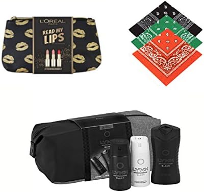 Ideal Xmas Gift Hamper set for Him and her Mum & Dad Christmas Present 11 Pieces Xmas Present incl Ladies L'oreal Lipsticks & Make up bag,2 tone Mens designer wash bag,Buckingham Bandanas