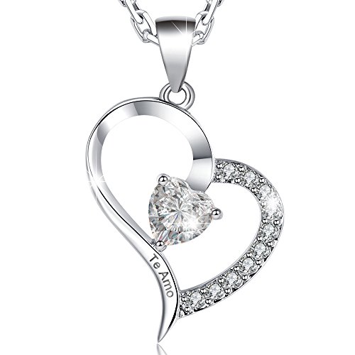 Colgante Corazón Grabado "Te Amo" con Caja Joyero y Rosa chapada en Oro Blanco con Cristal
