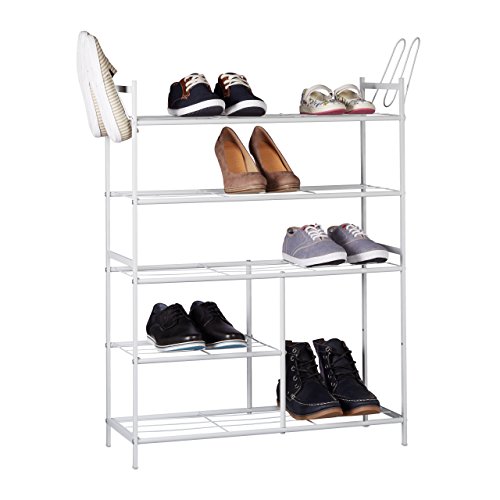 Relaxdays Schuhregal SANDRA mit 5 Ebenen, Schuhablage aus Metall, mit Stiefelfach, für 16 Paar Schuhe, HBT: ca. 101 x 85 x 26 cm, mit Griffen, weiß