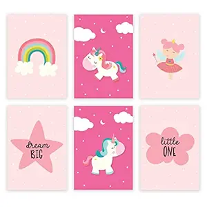 INKOLOGIE Nursery Girls Kids Wall Art Decor Poster Print, A4 Size 8.25 x 11.75-inch, Pink Lavender, Dream Big Little One, Unicorn Graphic, 6-Pack, No Frame