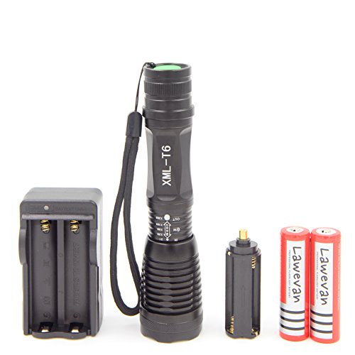 Lawevan® LED CREE XM-L T6 1600 Lumen Taschenlampe 5 Modi Einstellbare Zoomable Taschenlampen+18650 Akku+AC Ladegerät
