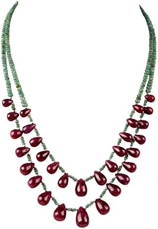 223.70 CARATS 2 STRAND NATURAL RUBY &amp; EMERALD 925 STERLING SILVER BEADED GEMSTONE NECKLACE