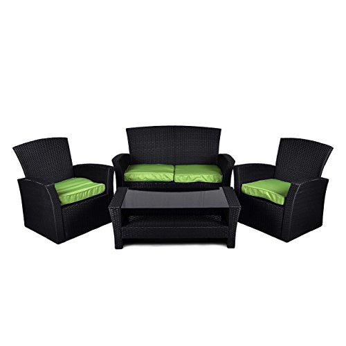 Rattan Set 4tlg mit Glastisch grün Garnitur Gartenmöbel Sitzgruppe Poly Rattan inklusive höhenverstellbare Füße und Sicherheitsglas 4-sitzer 4-teilig