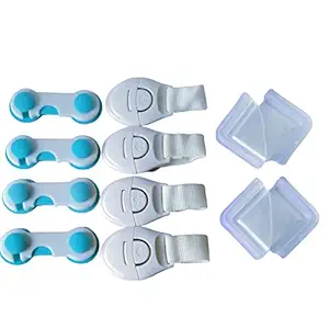 Baby Safety Products/Baby Proofing Corner Guard,Child Safety Cabinet Lock Plastic,Nylon for Drawer,Fridge,Toilet seat,Oven-Combo Pack of ABS Lock,Nylon Lock,Corner Guard-4 Counts Each(Pack of 1)