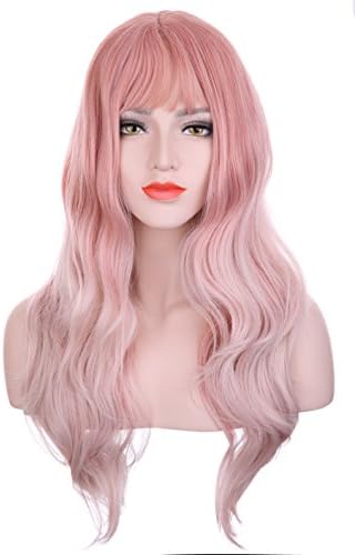 Hxhome Womens Natural Curly Party and Daily Use Wig (Gradient pink)
