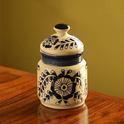 ExclusiveLane The 'Bloom Patterned' Mughal Handpainted Ink Blue Air Tight Multi Utility Storage Ceramic Jars-Cookie Snack Jars Pickle Holder Container Knick Knack Box Decorative Tableware Serveware