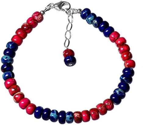 6mm Dark Blue &amp; Magenta Pink Impression Jasper (Dyed) Rondelles 925 Sterling Silver 6.75 Inch Long Bracelet