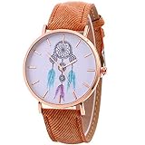 Babysbreath17 Frauen rundes Zifferblatt Quarz-Uhr mit eindeutigem Zeiger Denim-Bügel Wind Bell Mustern Armbanduhr Geschenke braun