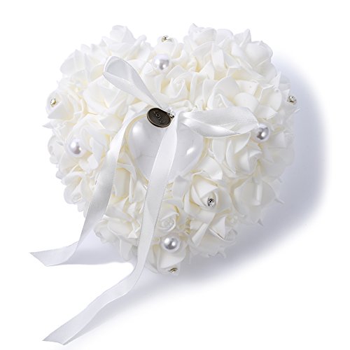 Hochzeit Ringkissen Ring Box Herzförmig mit Blumen Strass Perlen Deko LianLe (Weiß)
