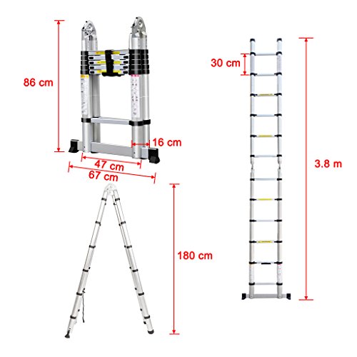 Finether 3.8M Teleskopleiter Klappleiter ausziehbare Leiter Aluleiter Mehrzweckleiter Ausziehleiter Stehleiter Anlegeleiter aus hochwertigem Alu Teleskop-Design 150 kg Belastbarkeit - 2