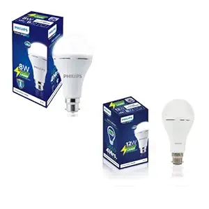 PHILIPS B22 Stellar Bright Rechargeable Emergency Inverter LED Bulb, 8W + 12W Emergency Bulb,Crystal White(Combo Pack)
