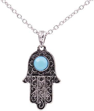 Small Island Antique Silver Tone Hamsa Fatima Hand Pendant Necklace - In Organza Bag.