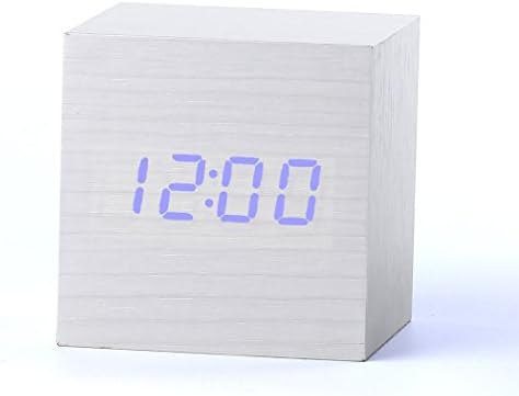 Yihya Classic AAA/USB Wooden Alarm Clock, Fashion Digital Desk Clock with Thermometer Time LED Display Vioce Activated, Sound control Sensor Perfect for Home and Office --- White - bkue light