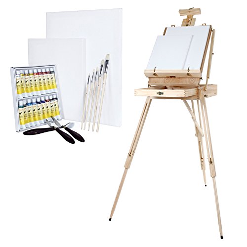Artina® 30tlg. Staffelei Set Madrid XXL mit Kofferstaffelei, 18 Acrylfarben, 2 Keilrahmen, Pinsel Set und Malspachtel