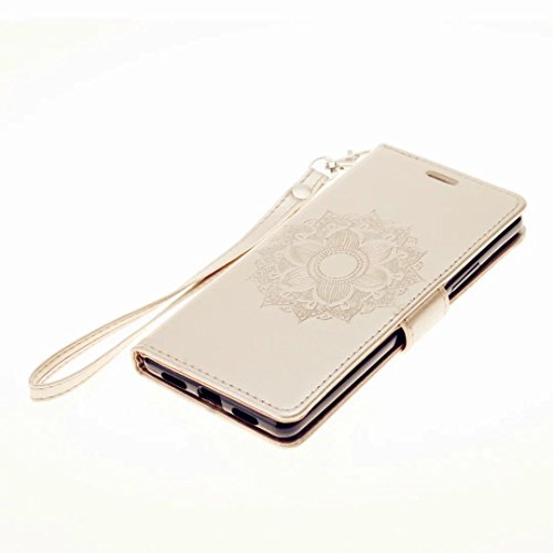 MUTOUREN für Huawei P9 Lite PU Leder Brieftasche + TPU Silikon Schutz Handy Hülle Case Cover [Kratzfeste, Scratch-Resistant] Hülle Schutzhülle Bookstyle Geprägtes Indische Sonne Henna Fall-Abdeckung Etui Bumper Schale – Gold + Metall Stift Stylus Pen - 5
