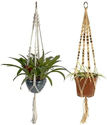 Newcomdigi 2 PCS Plant Hanger Rope Macrame 4 Leg 40 Inch with Beads, Handmade Knotted for Indoor Outdoor Patio Deck Ceiling Pots Planter Basket 1pcs Cotton Rope+1pcs Jute Rope