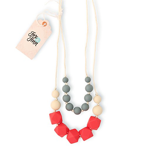 Fox & Finn 'Isabella' Silicone Teething Necklace for Babies | Safety Knotted Silk Rope | Does Not Pull Hair Out | 14 Inch Drop (coral + smoke + latte)