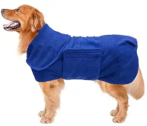 Dog Drying Coat Dressing Gown Towel Robe pet Microfibre Super Absorbent Anxiety Relief Designed Puppy fit for xs Small Medium Large Dogs - Blue - L