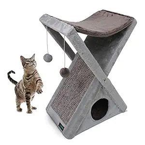 GOOPAWS Fold and Store Cat Tower, Cat House & Sleeper with Hammock, Gray