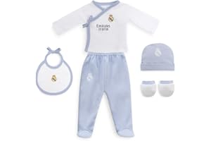 Interbaby - Set Regalo 5 Piezas del Real Madrid - Primera Puesta Bebé Recien Nacido - Compuesto por Gorro, Camisa, Polaina, Manopla y Babero. Edad 0-6 meses.