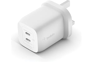 Belkin 65W Dual USB Type C Wall Charger, Fast Charging Power Delivery 3.0 with GaN Technology, USB Plug fast charger for iPhone 17, Air, iPad, MacBook, Samsung Galaxy S25, Pixel and More - White