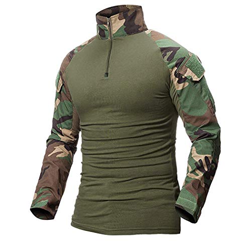 ShallGood Shirt en Coton à Manches Longues pour Hommes avec Poches - Outdoor - Militaire Hommes Tactique Militaire Airsoft Combat Slim fit T-Shirt Longue Manche avec Fermeture éclair C Vert Medium