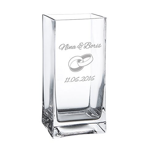 Blumen Vase aus Glas zur Hochzeit - Personalisiert mit [WUNSCHNAMEN] und [DATUM] - [MOTIV RINGE]]