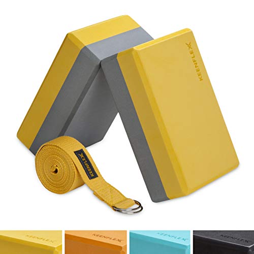 KeenFlex Ensemble de 2 Briques de Yoga - Sangle de Yoga Incluse - Matériau Recyclable à 100% (Jaune)