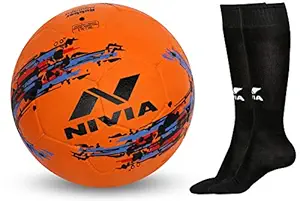 Nivia Street Rubber Moulded Football (Orange) with Stockings Large Size , Material: Blend