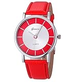 Uhren Damen Sale,Damen Uhren Fossil,winwintom Damen Einzigartig Uhr PU Leder Transparenter Vorwahlknopf Hohl Analoge Quarz Armbanduhr Rot