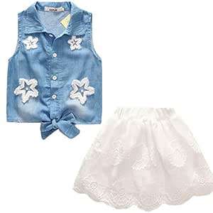 denim shirt and white skirt