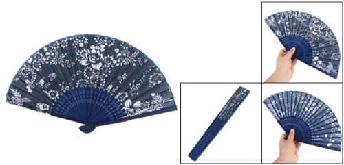 sourcingmap® Weiße Blumen Muster Umklappbar Klein Dunkelblau Hand Fächer - 2