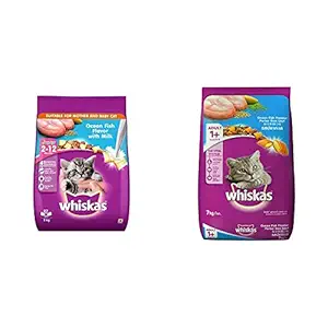 Whiskas Kitten (2-12 Months) Dry Cat Food, Ocean Fish Flavour with Milk, 3 Kg Pack & Adult (+1 Year) Dry Cat Food, Ocean Fish Flavour, 7Kg Pack