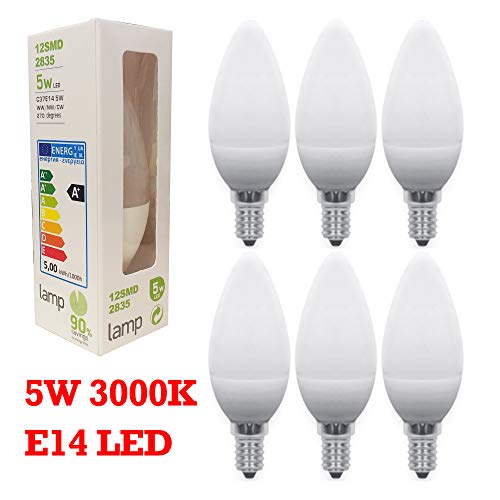 Tecno&Led - 6 Pezzi Lampadina LED E14 a Candela/oliva - 6W Equivalenti a 50 W, Luce Bianca Calda 3000K 500Lm, C37, Non Dimmerabile [Classe di efficienza energetica A+]
