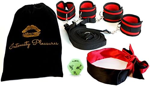 Bed Restraints Exercise Straps Bands Set - INCLUDES Frisky Dice, Satin Blindfold and Velvet Bag - Under The Bed Toys4 Couples Men Women| INTENSITY PLEASURES |