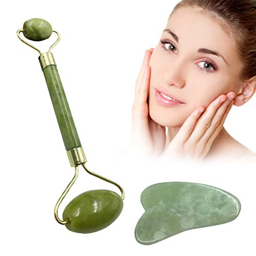 Jade Roller, KISSION Natural Facial Care Massage Facelift Tools for face Massager, Anti-Aging Face Thinness Beauty Sliming Skin Tightening, with Gua Sha Scraping Tool