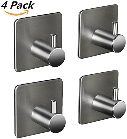 3M Self Adhesive Waterproof Bathroom Single Hooks, Set of 4 Packs 304 Stainless Steel Coat Towel Clothes Wall Hanger for Kitchen Bathroom Tower Hook Rack Wall Mount Brushed Hook
