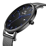Vigor Rigger Mens Womens Uhren Ultra Slim White Armbanduhr mit Datum Kalender Display und Black Milanese Mesh Band (Blau)