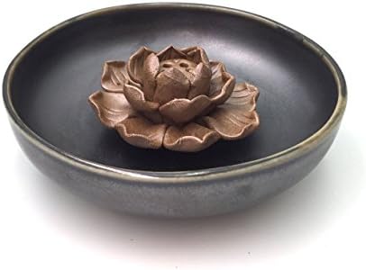 FOWOS Ceramic Handmade Artistic Incense Holder Burner Stick Coil Buddhist Water Lily Plate - Black