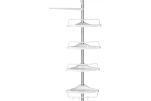SONGMICS Adjustable Bathroom Corner Shelf, Telescopic Shower Caddy, 95-300 cm, Floor to Ceiling, with Stainless Steel Frame, 4 Trays, 3 Hooks, 1 Towel Bar, White and Silver BCB02SW