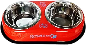 D&C Paws Stainless Steel Double Diner Dog and Cat Food Bowls with Anti Slip Mat (Color Red, Army Green, Blue 2x400 ml)