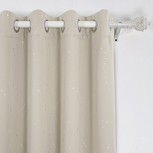 Deconovo Super Soft Dotted Line Foil Printed Thermal Insulated Blackout Curtains Window Treatment Eyelet Blackout Curtains for Nursery with Two Matching Tie Backs 46 x 54 Inch Beige Two Panels