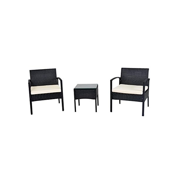 EBS 3 Piece Rattan Wicker Patio Garden Lawn Furniture Outdoor / Indoor Complete Set with Coffee Table + Chairs Set for 2 - Black PE - Image 3