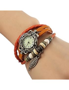 Fenkoo Analoge Quartzuhr für Damen, mit mehrreihigem Lederarmband, Perlen und Blattmotiv (mehrere Farben)