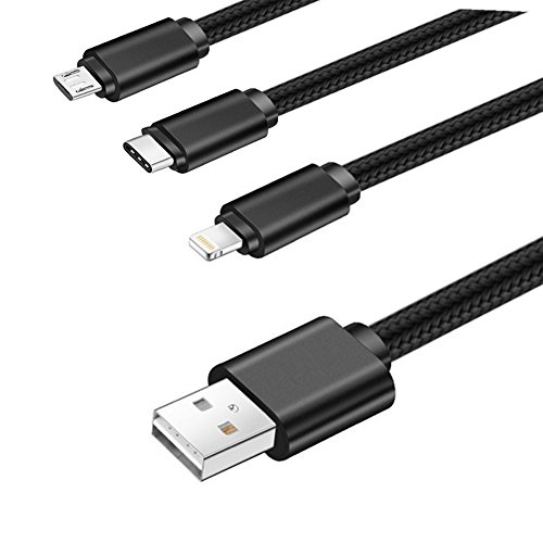 3 in 1 Multi Cavo di Ricarica Usmain 1.5m Multi Caricatore Multipla, Multi Adattatore con Cavo USB C/Cavo Lightning/Cavo Micro USB per iPhone X/8/8 Plus, Samsung S8, Note8, Huawei P9, P10-Nero