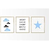 HEART OF PRINT Kinderposter Kinderzimmerbild 3er-Set DREAM BIG mit Wolken, Stern und ABC - für Jungen, Baby, Kind - Geschenkidee zur Geburt, Taufe, Geburtstag; Poster Kinderzimmer Wandbild - ungerahmt