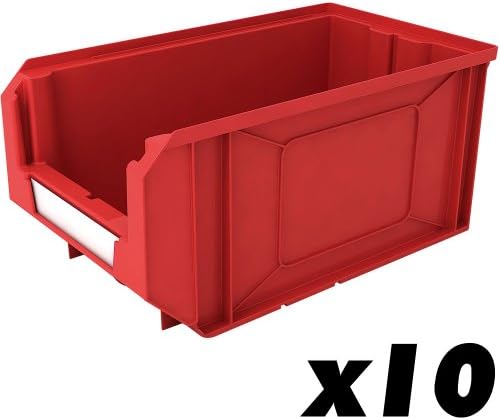 10x - Red Size 4 Open Fronted Bins 163H x 205W x 345D mm, stackable garage workshop storage boxes