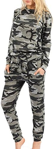 Womens Ladies Grey Camouflage Long Sleeves Round neck Two Piece Army Knit Jogging Camo Print Lounge wear Tracksuit Drawstring Waist, Cuffed Bottoms Top jumpers 8-26 (8-10, Black &amp; Grey camouflage)