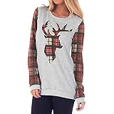 Tianwlio Damen Lässige Langarmshirt Weihnachtsaltes Weihnachten Rentier Bedrucktes Plaid Lange Ärmel Sweatshirt Tops Bluse Grau M